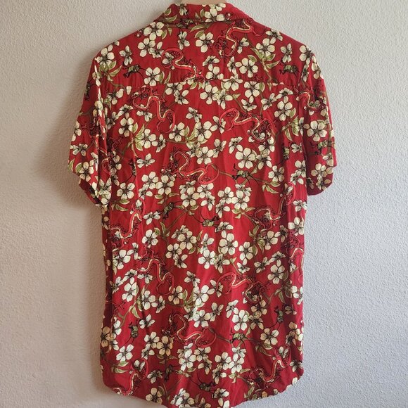 Disney Mulan Shirt Mens Medium Red Floral Mushu Cri-Kee Rayon Hawaiian Button Up - Picture 7 of 9